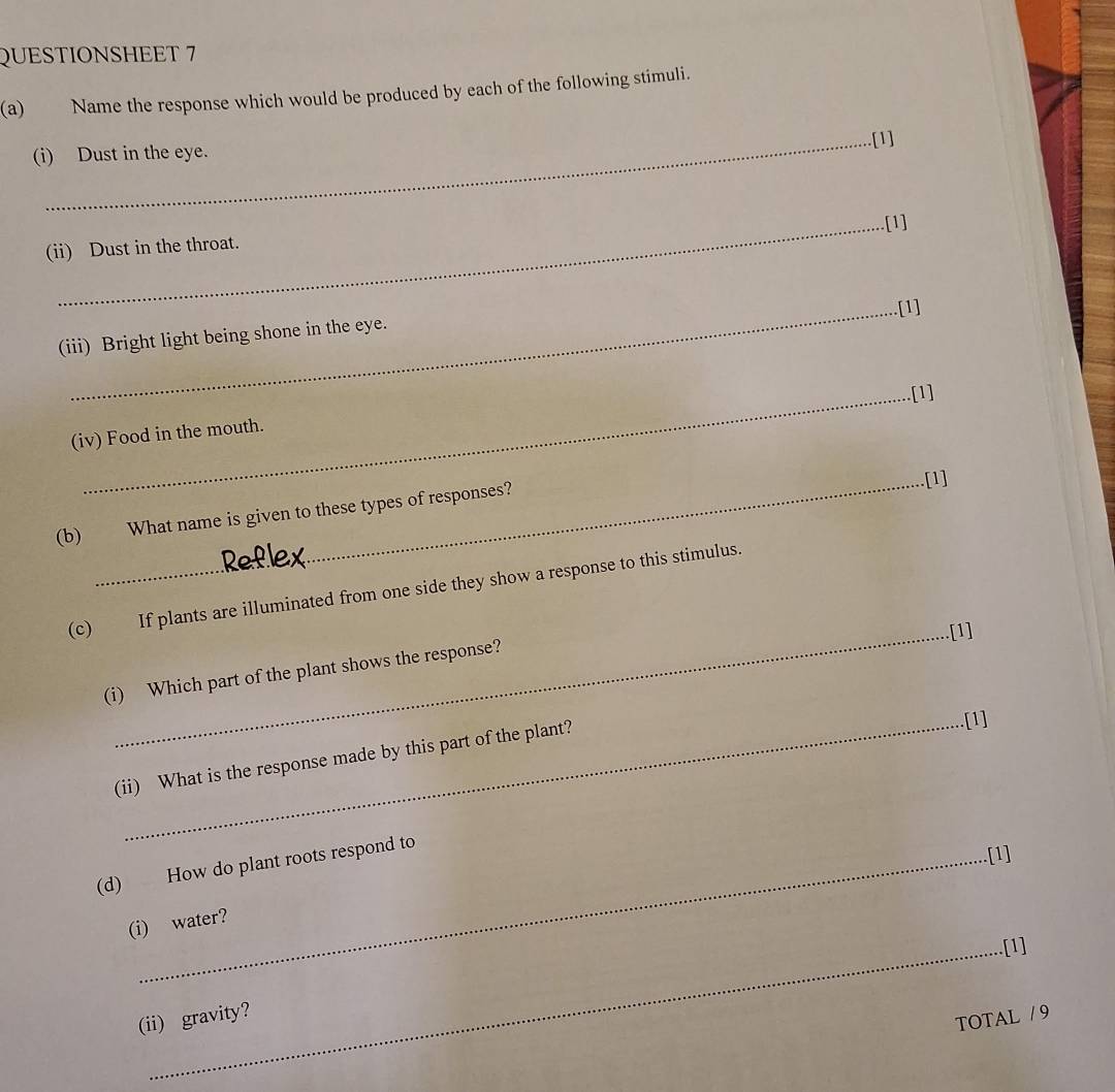 QUESTIONSHEET 7 
(a) Name the response which would be produced by each of the following stimuli. 
(i) Dust in the eye. .[1] 
_.[1] 
(ii) Dust in the throat. 
_.[1] 
(iii) Bright light being shone in the eye. 
_.[1] 
(iv) Food in the mouth. 
(b) What name is given to these types of responses? 
_.[1] 
(c) If plants are illuminated from one side they show a response to this stimulus. 
_.[1] 
(i) Which part of the plant shows the response? 
(ii) What is the response made by this part of the plant? 
_.[1] 
(d) How do plant roots respond to 
.[1] 
(i) water? 
_.[1] 
(ii) gravity? 
TOTAL / 9