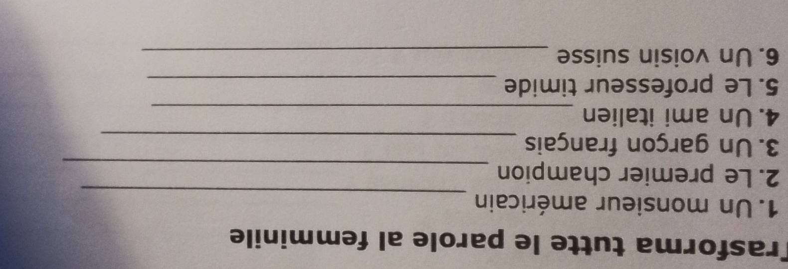 Trasforma tutte le parole al femminile 
_ 
1. Un monsieur américain 
2. Le premier champion_ 
3. Un garçon français_ 
4. Un ami italien_ 
5. Le professeur timide_ 
6. Un voisin suisse_