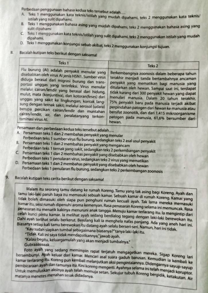 Perbedaan penggunaan bahasa kedua teks tersebut adalah....
A. Teks 1 menggunakan kata teknis/istilah yang mudah dipahami, teks 2 menggunakan kata teknis/
istilah yang sulit dipahami.
B. Teks 1 menggunakan bahasa asing yang mudah dipahami, teks 2 menggunakan bahasa asing yang
sulit dipahami
C. Teks 1 menggunakan kata teknis/istilah yang sulit dipahami, teks 2 menggunakan istilah yang mudah
dipahami.
D. Teks 1 menggunakan konjungsi sebab akibat, teks 2 menggunakan konjungsi tujuan.
8. Bacaiah kutipan teks berikut d
ah…...
A. Persamaan teks 1 dan 2 membahas penyakit yang menular
Perbedaan teks 1 sumber virus flu burung, sedangkan teks 2 asal usul penyakit
B. Persamaan teks 1 dan 2 membahas penyakit yang mengancam
Perbedaan teks 1 ternak yang sakit, sedangkan teks 2 perkembangan penyakit
C. Persamaan teks 1 dan 2 membahas penyakit yang disebabkan oleh hewan
Perbedaan teks 1 penularan virus, sedangkan teks 2 virus yang mematikan
D. Persamaan teks 1 dan 2 membahas penyakit yang disebabkan oleh hewan
Perbedaan teks 1 penularan flu burung, sedangkan teks 2 perkembangan zoonosis
9. Bacalah kutipan teks cerita berikut dengan saksama!
Malam itu seorang tamu datang ke rumah Koreng. Tamu yang tak asing bagi Koreng. Ayah dan
tamu laki-laki paruh baya itu memasuki sebuah kamar. Sebuah kamar di rumah Koreng. Kamar yang
tidak boleh dimasuki oleh siapa pun penghuni rumah kecuali ayah. Tak lama mereka memasuki
kamar itu, seisi rumah dipenuhi aroma kemenyan. Rasa penasaran Koreng selama ini memuncak. Rasa
penasaran itu menarik kakinya menuruni anak tanggā. Menuju kamar terlarang itu. la mengintip dari
celah kunci pintu kamar. la melihat ayah sedang berdialog tegang dengan laki-laki berewokan itu.
Dahi ayah terlihat selalu berkerut. Berulang kali ia menghela nafas panjang. Ada yang aneh hari ini.
Biasanya setiap kali tamu berewokan itu datang ayah selalu berseri-seri. Namun, hari ini tidak.
“Kau sudah siapkan tumbal sebagaimana biasanya?” tanya laki-laki itu.
“Tidak. Kali ini saya tidak mendapatkannya,” jawab ayah.
“Kalau begitu, keluargamulah yang akan menjadi tumbalnya.”
Gubraaaaaaak....
Foto ayah yang sedang memimpin rapat terjatuh mengagetkan mereka. Sigap Koreng lari
bersembunyi. Ayah keluar dari kamar. Mencari asal suara gaduh barusan. Kemudian ia kembali ke
kamar terlarang itu. Koreng pun kembali melanjutkan aksi pengintaiannya. Didengarnya sayup-sayup
pembicaraan ayah dan tamunya itu. Kini koreng mengerti. Ayahnya selama ini telah menjadi koruptor
Untuk memuluskan aksinya ayah telah memuja setan. Sekujur tubuh Koreng bergidik, ketakutan. Air
matanya menetes menahan sesak didadanya.