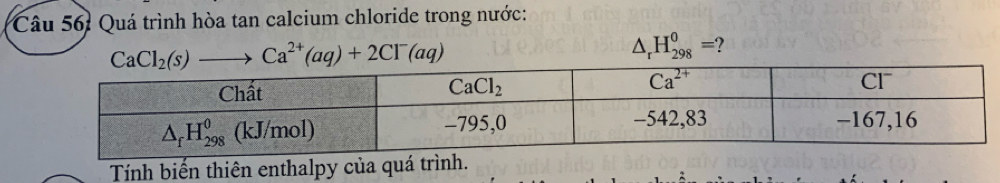 Quá trình hòa tan calcium chloride trong nước:
CaCl_2(s)to Ca^(2+)(aq)+2Cl^-(aq)
△ _rH_(298)^0= ?
Tính biến thiên enthalpy của quá trình.