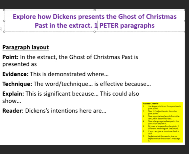 Explore how Dickens presents the Ghost of Christmas 
Past in the extract. 1|PETER paragraphs 
Paragraph layout 
Point: In the extract, the Ghost of Christmas Past is 
presented as 
Evidence: This is demonstrated where... 
Technique: The word/technique... is effective because... 
Explain: This is significant because... This could also 
show... 
Success Criteria: 
1. Use keywards from the question in 
Reader: Dickens’s intentions here are... 2. Give 1-2 adjectives to describe your point. your paint. 
3. Give a quotation (words from the 
I 
4. Give a language technique in the text), that describes idea. 
5. Pick out a keyword and explain 2 quotation explain it 
6. if you can give a structure device too! different meanings of that word. 
7. Explain what the reader leams Explain what the writer's message 
5