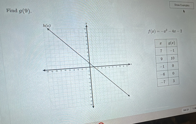 Show Examples
Find g(9).
f(x)=-x^2-4x-2

Dct 21 1 21