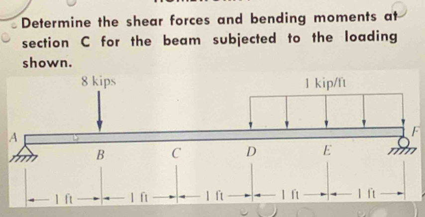 Determine the shear forces and bending moments at 
section C for the beam subjected to the loading 
shown.