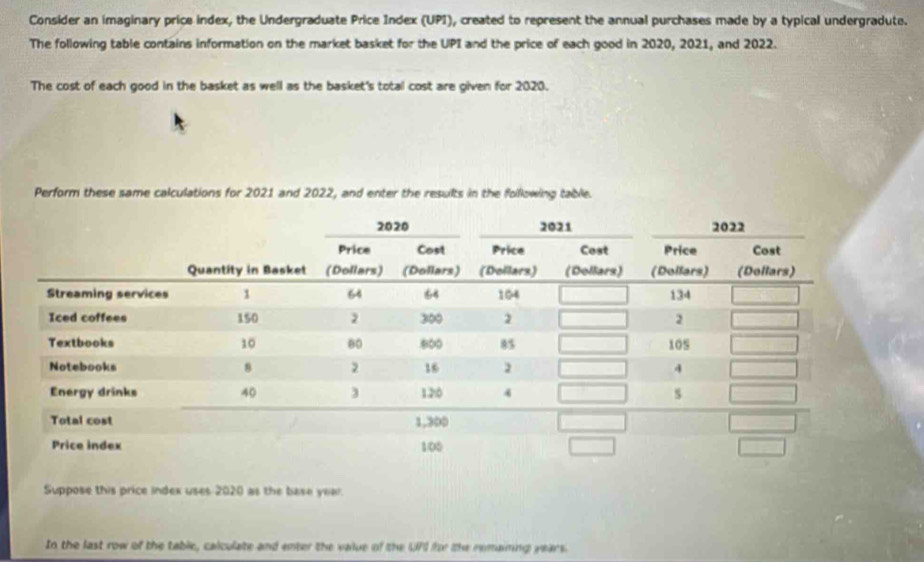 Consider an imaginary price index, the Undergraduate Price Index (UPI), created to represent the annual purchases made by a typical undergradute. 
The following table contains information on the market basket for the UPI and the price of each good in 2020, 2021, and 2022. 
The cost of each good in the basket as well as the basket's total cost are given for 2020. 
Perform these same calculations for 2021 and 2022, and enter the results in the following table. 
Suppose this price index uses 2020 as the base year. 
In the last row of the table, calculate and enter the value of the UFI for the remaining years.