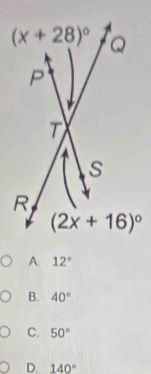 A. 12°
B. 40°
C. 50°
D. 140°