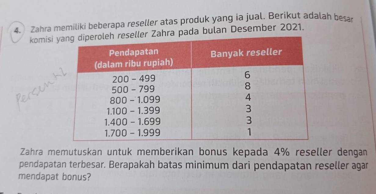 Zahra memiliki beberapa reseller atas produk yang ia jual. Berikut adalah besar 
komisi ra pada bulan Desember 2021. 
Zahra memutuskan untuk memberikan bonus kepada 4% reseller dengan 
pendapatan terbesar. Berapakah batas minimum dari pendapatan reseller agar 
mendapat bonus?