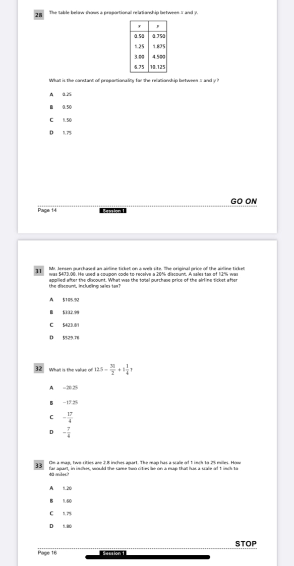 The table below shows a proportional relationship between x and y.
What is the constant of proportionality for the relationship between x and y?
A 0.25
B 0.50
C 1.50
D 1.75
GO ON
Page 14 Session 1
a 1 Ms,lersen o nchased an dusion thae t on a web site. The eriginal price of the airline ticket
applied after the discount. What was the total purchase price of the airline ticket after
the discount, including sales tax?
A $105.92
B $332.99
C $423.81
D $529.76
32 What is the value of 12.5- 31/2 +1 1/4 ?
A -20.25
B −17.25
C - 17/4 
D - 7/4 
40 miles?
A 1.20
B 1.60
C 1.75
D 1.8
STOP
Page 16 Session 1