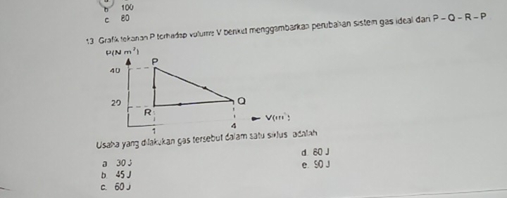 b 100
c 80
13 Grafík tekanan P torhadep volume V benket menggambarkan perubahan sistem gas ideal dan P-Q-R-P
P(Nm^2)
P
40
29
Q
R
V(m^(-1))
4
1
Usaha yang diakukan gas tersebut dalam satu silus adalah
a 30 5 d 80 J
b 45 J e. SO J
c. 60 J