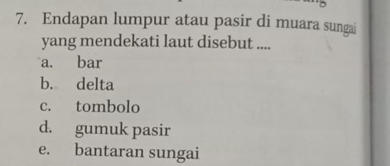 Endapan lumpur atau pasir di muara sungai
yang mendekati laut disebut ....
a. bar
b. delta
c. tombolo
d. gumuk pasir
e. bantaran sungai