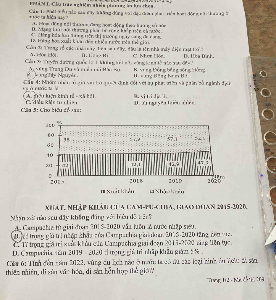 Tanh fron vào đấp an em cho la dung
PHÀN I. Câu trắc nghiệm nhiều phương án lựa chọn.
Câu 1: Phát biểu nào sau đây không đúng với đặc điểm phát triển hoạt động nội thương ở
nước ta hiện nay?
A. Hoạt động nội thương đang hoạt động theo hướng số hóa.
B. Mạng lưới nội thương phân bố rộng khắp trên cả nước.
C. Hàng hóa lưu thông trên thị trường ngày càng đa dạng.
D. Hàng hóa xuất khẩu đến nhiều nước trên thế giới.
Câu 2: Trong số các nhà máy điện sau đây, đâu là tên nhà máy điện mặt trời?
A. Hòa Hội. B. Uông Bí. C. Nhơn Hòa. D. Hòa Bình.
Câu 3: Tuyến đường quốc lộ 1 không kết nối vùng kinh tế nào sau đây?
A. vùng Trung Du và miền núi Bắc Bộ. B. vùng Đồng bằng sông Hồng.
C. vùngTây Nguyên. D. vùng Đông Nam Bộ.
Câu 4: Nhóm nhân tố giữ vai trò quyết định đối với sự phát triển và phân bố ngành dịch
vụ ở nước ta là
A. điều kiện kinh tế - xã hội. B. vị trí địa lí.
C. điều kiện tự nhiên. D. tài nguyên thiên nhiên.
Câu 5: Cho biểu đồ sau:
100 %
80
58 57,9 57,1 52,1
60
40
20 42 42,1 42,9 47,9
0 Năm
2015 2018 2019 2020
=Xuất khẩu *Nhập khẩu
xUÁT, NHẠP KHÂU CủA CAM-PU-ChIA, GIAO ĐOẠN 2015-2020.
Nhận xét nào sau đây không đúng với biểu đồ trên?
A. Campuchia từ giai đoạn 2015-2020 vẫn luôn là nước nhập siêu.
B. Tỉ trọng giá trị nhập khẩu của Campuchia giai đoạn 2015-2020 tăng liên tục.
C. Tỉ trọng giá trị xuất khẩu của Campuchia giai đoạn 2015-2020 tăng liên tục.
D. Campuchia năm 2019 - 2020 tỉ trọng giá trị nhập khẩu giảm 5% .
Câu 6: Tính đến năm 2022, vùng du lịch nào ở nước ta có đủ các loại hình du lịch: di sản
thiên nhiên, di sản văn hóa, di sản hỗn hợp thế giới?
Trang 1/2 - Mã đề thi 209