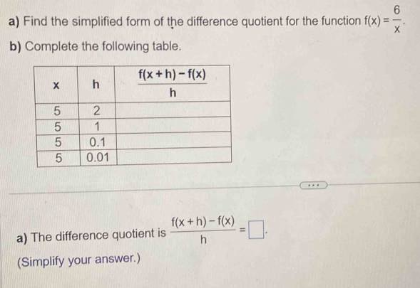 Find the simplified form of the difference quotient for the function f(x)= 6/x .
b) Complete the following table.
a) The difference quotient is  (f(x+h)-f(x))/h =□ .
(Simplify your answer.)