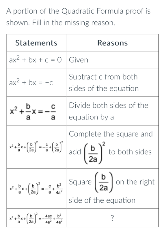 A portion of the Quadratic Formula proof is
shown. Fill in the missing reason.
t