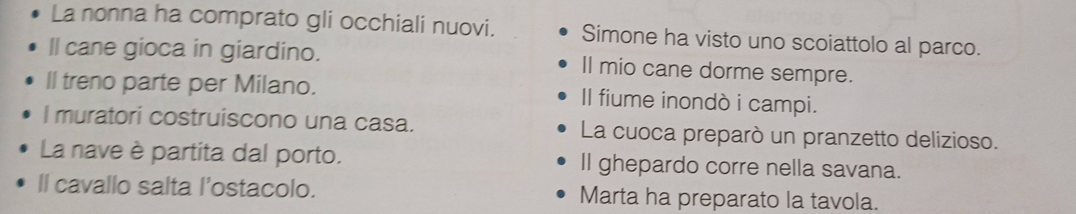 La nonna ha comprato gli occhiali nuovi. Simone ha visto uno scoiattolo al parco.
Il cane gioca in giardino. ll mio cane dorme sempre.
ll treno parte per Milano. Il fiume inondò i campi.
l muratori costruiscono una casa. La cuoca preparò un pranzetto delizioso.
La nave è partita dal porto. Il ghepardo corre nella savana.
Il cavallo salta l’ostacolo. Marta ha preparato la tavola.