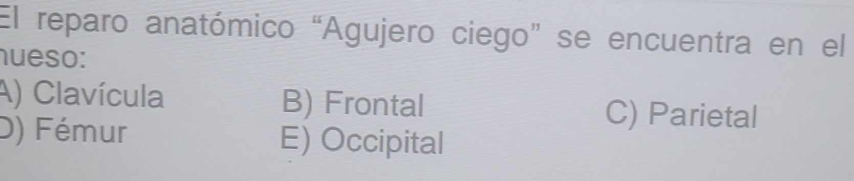 El reparo anatómico “Agujero ciego” se encuentra en el
nueso:
A) Clavícula B) Frontal
C) Parietal
D) Fémur E) Occipital