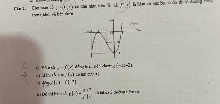 Cho hàm số y=f(x) có đạo hàm trên R và f'(x) là hàm số bậc ba có đô thị là đường công
trong hình vẽ bên dưới.
a) Hàm số y=f(x) đồng biến trên khoảng (-∈fty ;-2).
b) Hàm số y=f(x) có hai cực trj.
c) Maxf(x)=f(-2).
d) D_0^(1 thị hàm số g(x)=frac x+2)f'(x) có tất cả 2 đường tiệm cận.