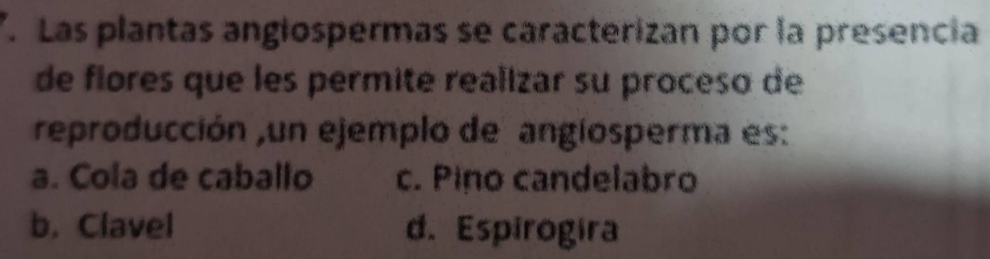 Las plantas angiospermas se caracterizan por la presencia
de flores que les permite realizar su proceso de
reproducción ,un ejemplo de angiosperma es:
a. Cola de caballo c. Pino candelabro
b. Clavel d. Espirogira