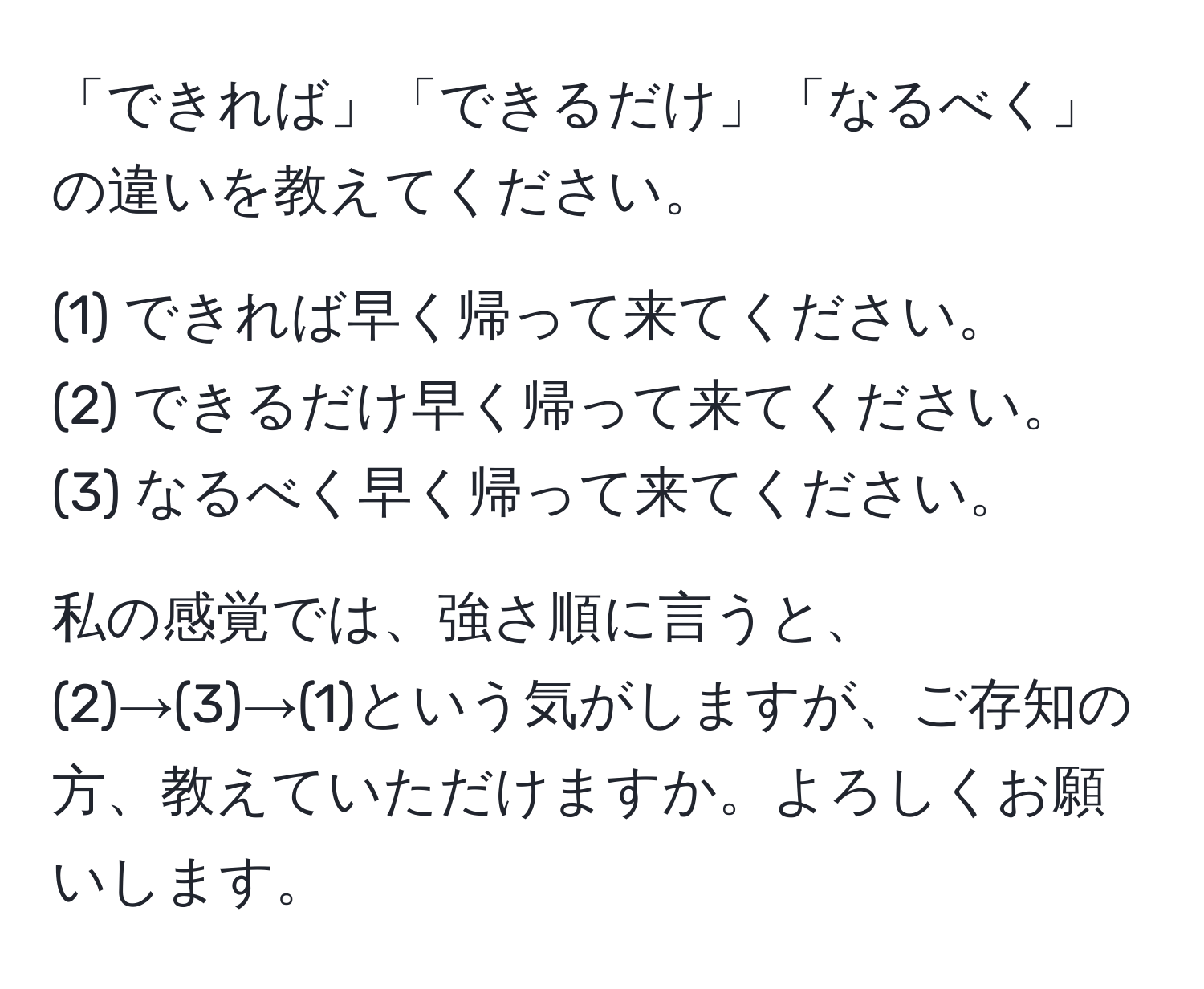 「できれば」「できるだけ」「なるべく」の違いを教えてください。

(1) できれば早く帰って来てください。  
(2) できるだけ早く帰って来てください。  
(3) なるべく早く帰って来てください。  

私の感覚では、強さ順に言うと、(2)→(3)→(1)という気がしますが、ご存知の方、教えていただけますか。よろしくお願いします。