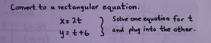 Convert to a rectangular equation.
x=2t 2 Solve one equation for t
y=t+6 and pluy into the other.