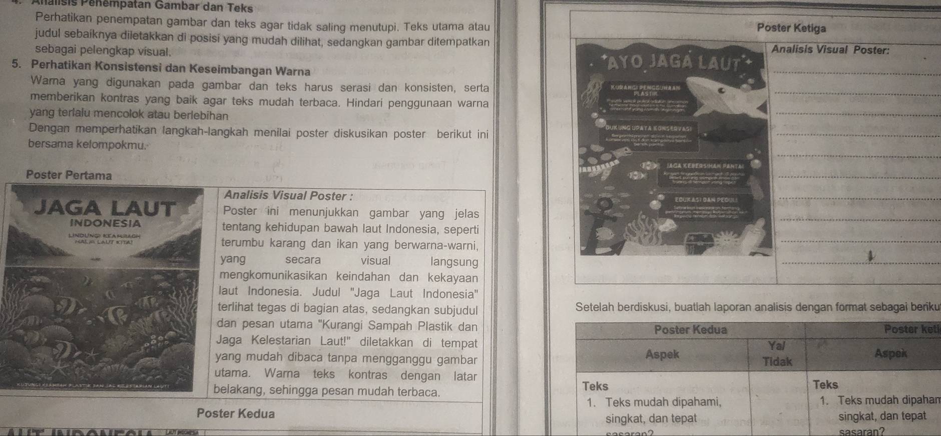 Analisis Pénémpatan Gambar dan Teks
Perhatikan penempatan gambar dan teks agar tidak saling menutupi. Teks utama atau Poster Ketiga
judul sebaíknya diletakkan di posisi yang mudah dilihat, sedangkan gambar ditempatkan Analisis Visual Poster:
sebagai pelengkap visual.
*AYo JaGá LAut
5. Perhatikan Konsistensi dan Keseimbangan Warna
_
_
Warna yang digunakan pada gambar dan teks harus serasi dan konsisten, serta Kurargi PEnggUnAan
memberikan kontras yang baik agar teks mudah terbaca. Hindari penggunaan warna
yang terlalu mencolok atau berlebihan
_
Duk ung paya
Dengan memperhatikan langkah-langkah menilai poster diskusikan poster berikut ini
_
_
bersama kelompokmu.
Poster P
_
Analisis Visual Poster :
_
Poster ini menunjukkan gambar yang jelas
_
_
tentang kehidupan bawah laut Indonesia, seperti
erumbu karang dan ikan yang berwarna-warni,
ang secara visual langsung
_
__
engkomunikasikan keindahan dan kekayaan
aut Indonesia. Judul ''Jaga Laut Indonesia''
erlihat tegas di bagian atas, sedangkan subjudul Setelah berdiskusi, buatlah laporan analisis dengan format sebagai beriku
an pesan utama ''Kurangi Sampah Plastik dan Poster Kedua Poster keti
aga Kelestarian Laut!" diletakkan di tempat
Yal
ang mudah dibaca tanpa mengganggu gambar Aspek Aspek
Tidak
tama. Warna teks kontras dengan latar
lakang, sehingga pesan mudah terbaca.
Teks Teks
1. Teks mudah dipahami, 1. Teks mudah dipaham
Poster Kedua
singkat, dan tepat singkat, dan tepat
sasaran?