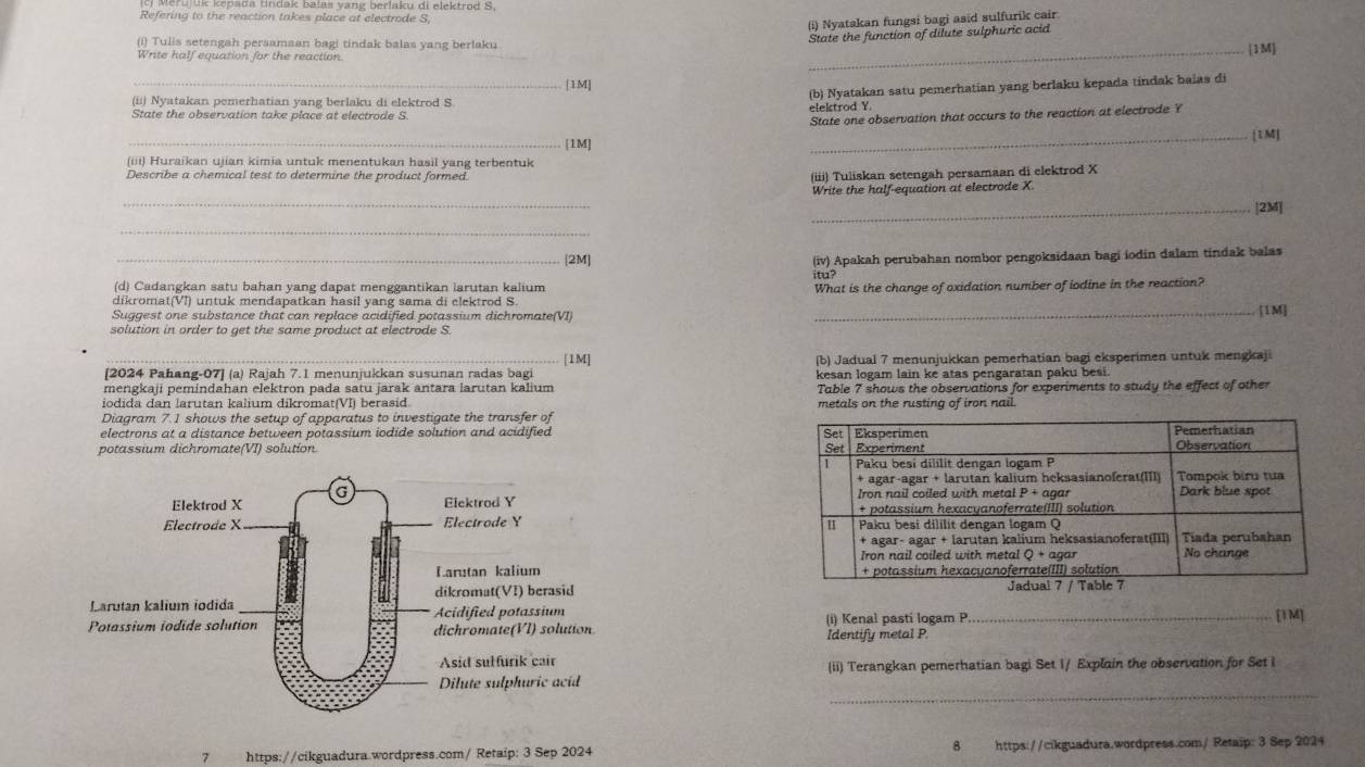 Refering to the reaction takes place at electrode S,
(i) Nyatakan fungsi bagi asid sulfurik cair
State the function of dilute sulphuric acid
(i) Tulis setengah persamaan bagi tindak balas yang berlaku [1M]
Write half equation for the reaction
_
_[1M]
(b) Nyatakan satu pemerhatian yang berlaku kepada tindak baias di
(ii) Nyatakan pemerhatian yang berlaku di elektrod S
elektrod Y
State the observation take place at electrode S.
State one observation that occurs to the reaction at electrode ?
_[1M] _[1M]
(iii) Huraikan ujian kimia untuk menentukan hasil yang terbentuk
Describe a chemical test to determine the product formed (iii) Tuliskan setengah persamaan di elektrod X
_
Write the half-equation at electrode X.
_[2M]
_
_[2M] (iv) Apakah perubahan nombor pengoksidaan bagi iodin dalam tindak balas
itu?
(d) Cadangkan satu bahan yang dapat menggantikan larutan kalium What is the change of oxidation number of iodine in the reaction?
dikromat(VI) untuk mendapatkan hasil yang sama di clektrod S
Suggest one substance that can replace acidified potassium dichromate(VI) _[1M]
solution in order to get the same product at electrode S
[2024 Pahang-07] (a) Rajah 7.1 menunjukkan susunan radas bagi [1M] (b) Jadual 7 menunjukkan pemerhatian bagi eksperimen untuk mengkaji
mengkaji pemindahan elektron pada satu jarak antara iarutan kalium kesan logam lain ke atas pengaratan paku besi.
iodida dan larutan kalium dikromat(VI) berasid. Table 7 shows the observations for experiments to study the effect of other
Diagram 7.1 shows the setup of apparatus to investigate the transfer of metals on the rusting of iron nail.
electrons at a distance between potassium iodide solution and acidified 
potassium dichromate(VI) solution 
 
 
 
 
(i) Kenal pasti logam P _[TM]
Identify metal P.
(ii) Terangkan pemerhatian bagi Set I/ Explain the observation for Set i
_
7 https://cikguadura.wordpress.com/ Retaip: 3 Sep 2024 8 https://cikguadura.wordpress.com/ Retaip: 3 Sep 2024