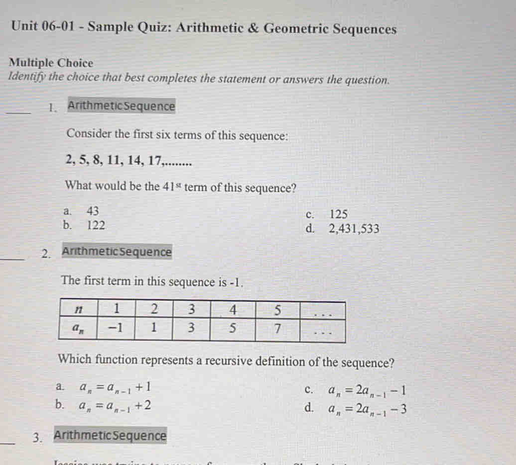 Sample Quiz: Arithmetic & Geometric Sequences Multiple Choice Identify ...