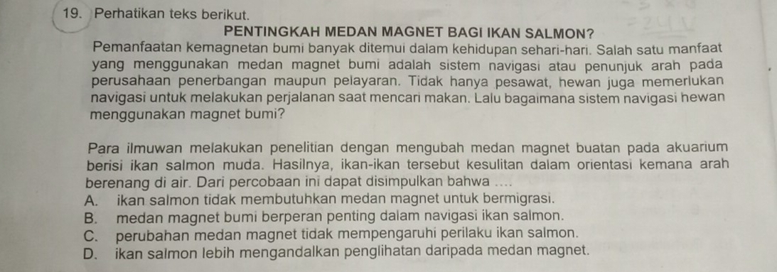 Perhatikan teks berikut.
PENTINGKAH MEDAN MAGNET BAGI IKAN SALMON?
Pemanfaatan kemagnetan bumi banyak ditemui dalam kehidupan sehari-hari. Salah satu manfaat
yang menggunakan medan magnet bumi adalah sistem navigasi atau penunjuk arah pada 
perusahaan penerbangan maupun pelayaran. Tidak hanya pesawat, hewan juga memerlukan
navigasi untuk melakukan perjalanan saat mencari makan. Lalu bagaimana sistem navigasi hewan
menggunakan magnet bumi?
Para ilmuwan melakukan penelitian dengan mengubah medan magnet buatan pada akuarium
berisi ikan salmon muda. Hasilnya, ikan-ikan tersebut kesulitan dalam orientasi kemana arah
berenang di air. Dari percobaan ini dapat disimpulkan bahwa_
A. ikan salmon tidak membutuhkan medan magnet untuk bermigrasi.
B. medan magnet bumi berperan penting dalam navigasi ikan salmon.
C. perubahan medan magnet tidak mempengaruhi perilaku ikan salmon.
D. ikan salmon lebih mengandalkan penglihatan daripada medan magnet.