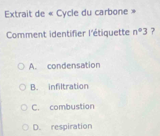 Extrait de « Cycle du carbone »
Comment identifier l'étiquette n°3 ?
A. condensation
B. infiltration
C. combustion
D. respiration