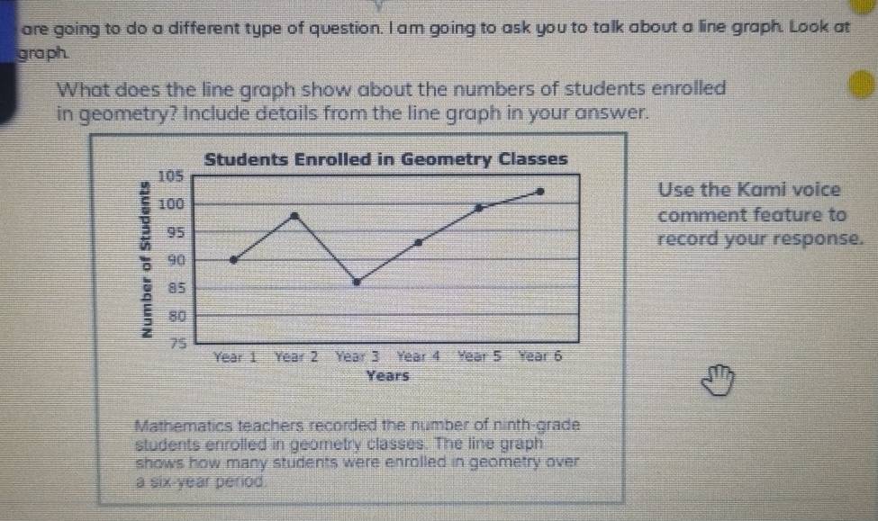 are going to do a different type of question. I am going to ask you to talk about a line graph. Look at 
gra ph. 
What does the line graph show about the numbers of students enrolled 
in geometry? Include details from the line graph in your answer. 
Use the Kami voice 
comment feature to 
record your response. 
Mathematics teachers recorded the number of ninth-grade 
students enrolled in geometry classes. The line graph 
shows how many students were enrolled in geometry over 
a six-year period.