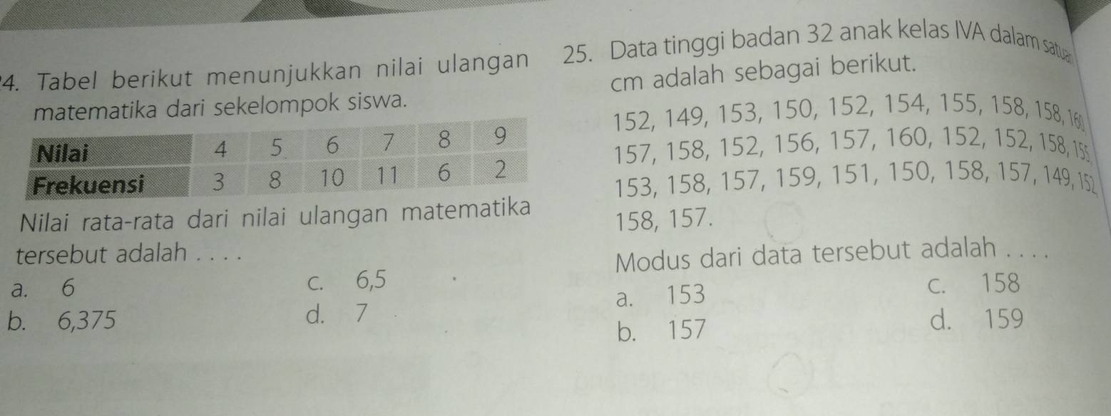 Tabel berikut menunjukkan nilai ulangan 25. Data tinggi badan 32 anak kelas IVA dalam satua
matematika dari sekelompok siswa. cm adalah sebagai berikut.
152, 149, 153, 150, 152, 154, 155, 158, 158, 1
157, 158, 152, 156, 157, 160, 152, 152, 158, I5
153, 158, 157, 159, 151, 150, 158, 157, 149, 152
Nilai rata-rata dari nilai ulangan matematika
158, 157.
tersebut adalah . . . .
Modus dari data tersebut adalah . . . .
a. 6 c. 6,5 C. 158
b. 6,375 d. 7 a. 153
b. 157 d. 159