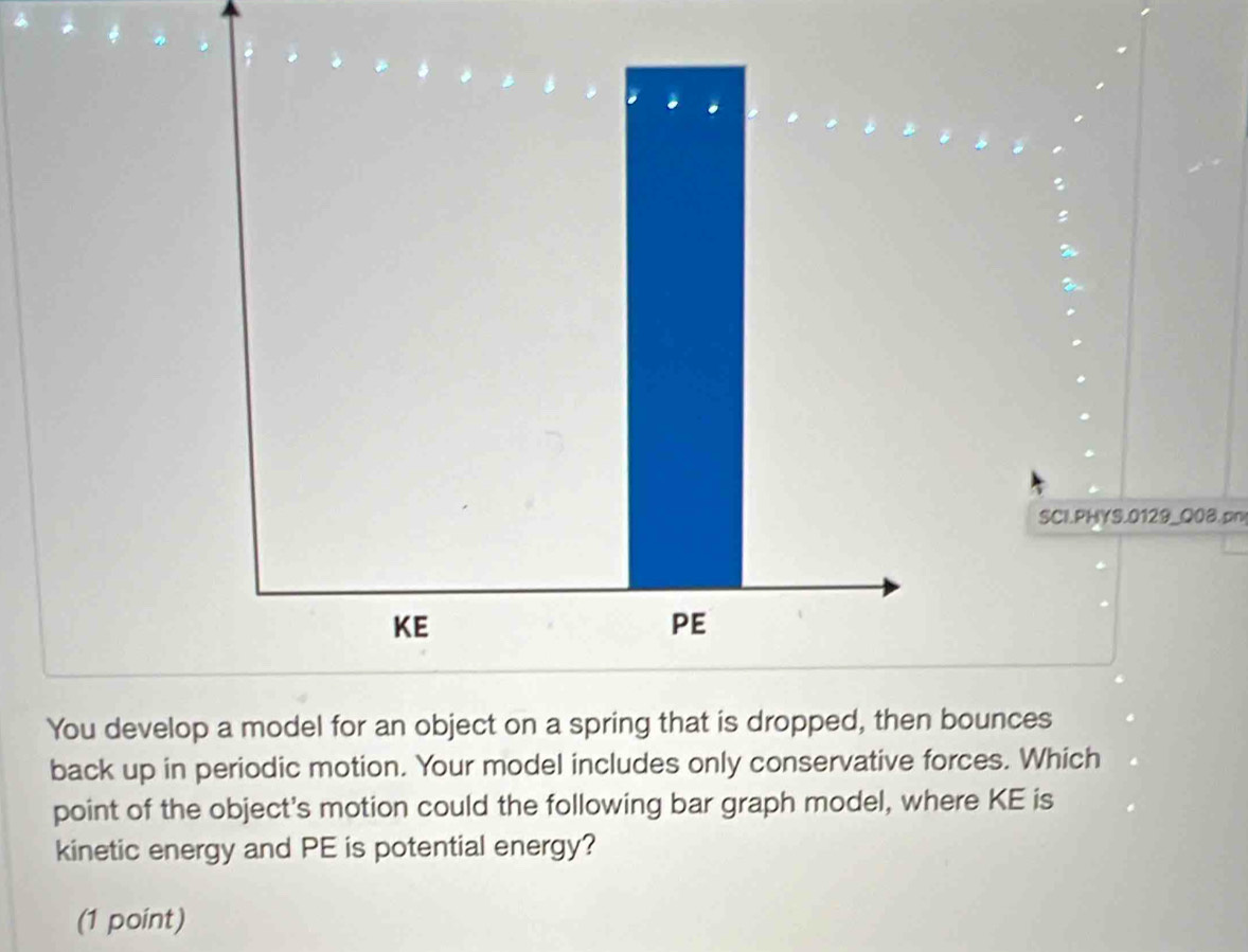 SCl.PHYS.0129_Q08.pn 
You develop a model for an object on a spring that is dropped, then bounces 
back up in periodic motion. Your model includes only conservative forces. Which 
point of the object's motion could the following bar graph model, where KE is 
kinetic energy and PE is potential energy? 
(1 point)