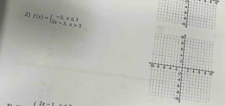 -2 6 8 10
-4
2) f(x)=beginarrayl -3,x≤ 3 2x-3,x>3endarray.
-6
-8
-10
(2x-1