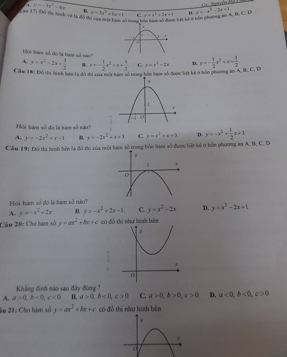 Gv: Nguyễn Hã Ph
A. y=-3x^2-6x B. y=3x^2+6x+1. C. y=x^2+2x+1
D. y=-x^2-2x+1.
Tầu 17: Đồ thị hình vẽ là đồ tỉ
ổ trong b
: liệt kê ở bốn phương án A, B, C, D
Hồi hàm số đó là hàm số nào?
A. y=x^2-2x+ 3/2 . B. y=- 1/2 x^2+x+ 5/2  C. y=x^2-2x D. y=- 1/2 x^2+x+ 3/2 .
Câu 18: Đồ thị hình bên là đồ thị của một hàm số trong bốn hàm số được liệt kê ở bốn phương án A, B, C, D
Hỏi hàm số đó là hàm số nào?
A. y=-2x^2+x-1. B. y=-2x^2+x+3. C. y=x^2+x+3. D. y=-x^2+ 1/2 x+3.
Câu 19: Đồ thị hình bên là đồ thị của một hàm số trong bốn hàm số được liệt kê ở bốn phương án A, B, C, D
Hồi hàm số đó là hàm số nào?
A. y=-x^2+2x. B. y=-x^2+2x-1. C. y=x^2-2x. D. y=x^2-2x+1.
Câu 20: Cho hàm số y=ax^2+bx+c có đồ thị như hình bên.
Khẳng định nào sau đây đúng ?
A. a>0,b<0,c<0. B. a>0,b<0,c>0. C. a>0,b>0,c>0. D. a<0,b<0,c>0.
âu 21: Cho hàm số y=ax^2+bx+c có đồ thị như hình bên.