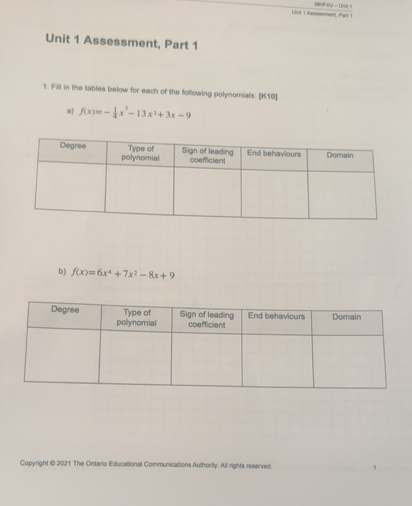 Solved: MHF4U - Unit 1 Unit 1 Assessment, Part 1 Unit 1 Assessment ...