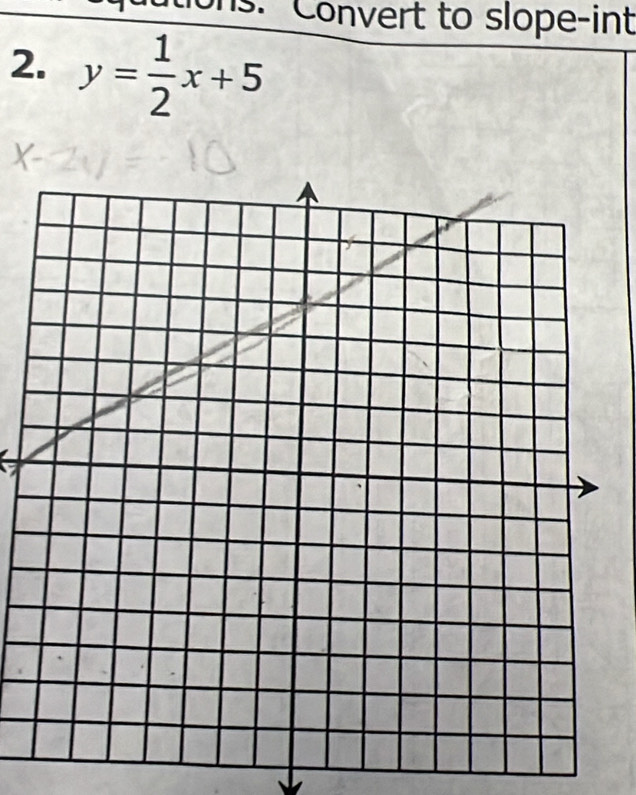 Convert to slope-int 
2. y= 1/2 x+5