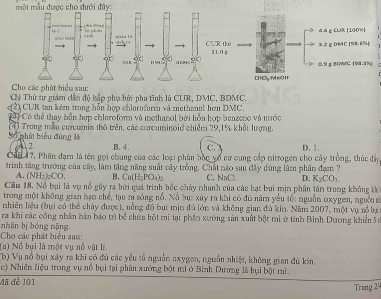 một mẫu được cho dưới đây:
1
Cho các phát biểu sau:
() Thứ tự giảm dần độ hấp phụ bởi pha tĩnh là CUR, DMC, BDMC.
(2) CUR tan kém trong hỗn hợp chloroform và methanol hơn DMC.
(3) Có thể thay hỗn hợp chloroform và methanol bởi hỗn hợp benzene và nước.
(4) Trong mẫu curcumin thô trên, các curcuminoid chiếm 79,1% khối lượng.
Số phát biểu đúng là
2. B. 4. C.3. D. 1.
Cần 17. Phân đạm là tên gọi chung của các loại phân bốn vô cơ cung cấp nitrogen cho cây trồng, thúc đầy
trình tăng trưởng của cây, làm tăng năng suất cây trồng. Chất nào sau đây dùng làm phân đạm ?
A. (NH_2)_2CO. B. Ca(H_2PO_4)_2. C. NaCl. D. K_2CO_3.
Câu 18. Nổ bụi là vụ nổ gây ra bởi quá trình bốc cháy nhanh của các hạt bụi mịn phân tán trong không khh
trong một không gian hạn chế, tạo ra sóng nồ. Nồ bụi xảy ra khi có đủ năm yểu tổ: nguồn oxygen, nguồn nì
nhiên liệu (bụi có thể cháy được), nồng độ bụi mịn đủ lớn và không gian đủ kín. Năm 2007, một vụ nổ bụt
ra khi các công nhân hàn bảo trì bể chứa bột mì tại phân xưởng sản xuất bột mì ở tỉnh Bình Dương khiến 5 ử
nhân bị bỏng nặng.
Cho các phát biểu sau:
(a) Nồ bụi là một vụ nổ vật lí.
(b) Vụ nổ bụi xảy ra khi có đủ các yếu tố nguồn oxygen, nguồn nhiệt, không gian đủ kín.
(c) Nhiên liệu trong vụ nổ bụi tại phân xưởng bột mì ở Bình Dương là bụi bột mì.
Mã đề 101
Trang 2/4