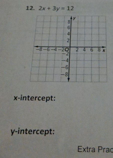 2x+3y=12
x-intercept: 
y-intercept: 
Extra Prac