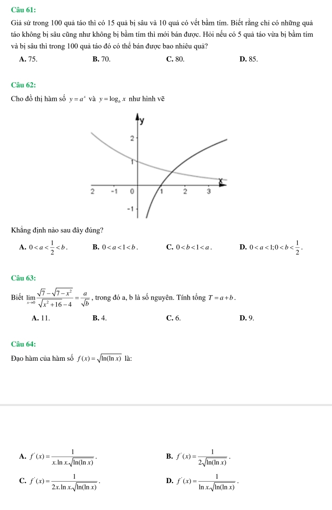 Giả sử trong 100 quả táo thì có 15 quả bị sâu và 10 quả có vết bầm tím. Biết rằng chỉ có những quả
táo không bị sâu cũng như không bị bầm tím thì mới bán được. Hỏi nếu có 5 quả táo vừa bị bầm tím
và bị sâu thì trong 100 quả táo đó có thể bán được bao nhiêu quả?
A. 75. B. 70. C. 80. D. 85.
Câu 62:
Cho đồ thị hàm số y=a^x và y=log _b , x như hình vẽ
Khẳng định nào sau đây đúng?
A. 0. B. 0. C. 0. D. 0; 0. 
Câu 63:
Biết limlimits _xto 0 (sqrt(7)-sqrt(7-x^2))/sqrt(x^2+16)-4 = a/sqrt(b)  , trong đó a, b là số nguyên. Tính that ongT=a+b.
A. 11. B. 4. C. 6. D. 9.
Câu 64:
Đạo hàm của hàm số f(x)=sqrt(ln (ln x)) là:
A. f'(x)= 1/x.ln x.sqrt(ln (ln x)) . f'(x)= 1/2sqrt(ln (ln x)) . 
B.
C. f'(x)= 1/2x.ln x.sqrt(ln (ln x)) . f'(x)= 1/ln x· sqrt(ln (ln x)) · n·
D.