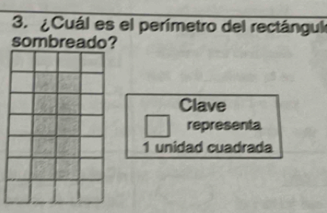 Cuál es el perímetro del rectángul 
sombreado? 
Clave 
representa
1 unidad cuadrada