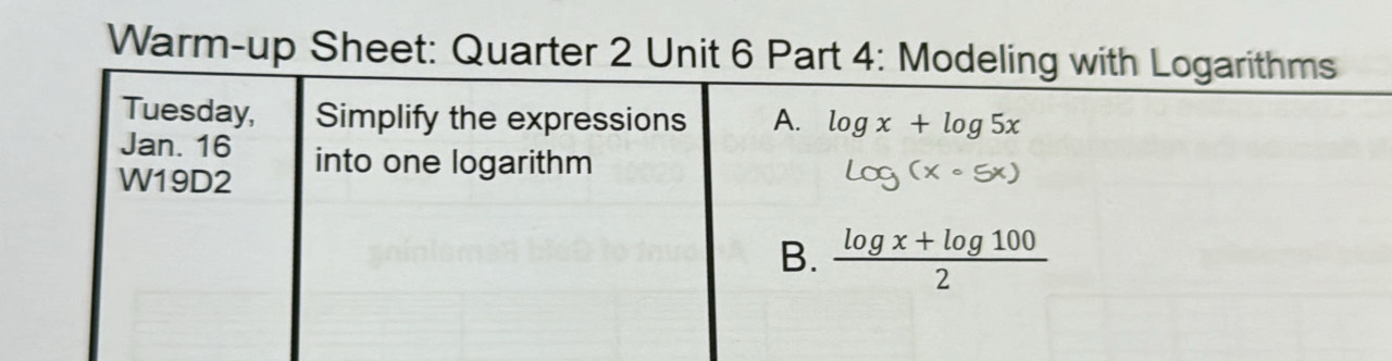 Warm-up Sheet: Quarter 2 Unit 6 Par