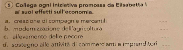 Collega ogni iniziativa promossa da Elisabetta I 
ai suoi effetti sull’economia. 
a. creazione di compagnie mercantili 
_ 
b. modernizzazione dell’agricoltura 
_ 
c. allevamento delle pecore 
_ 
d. sostegno alle attività di commercianti e imprenditori_