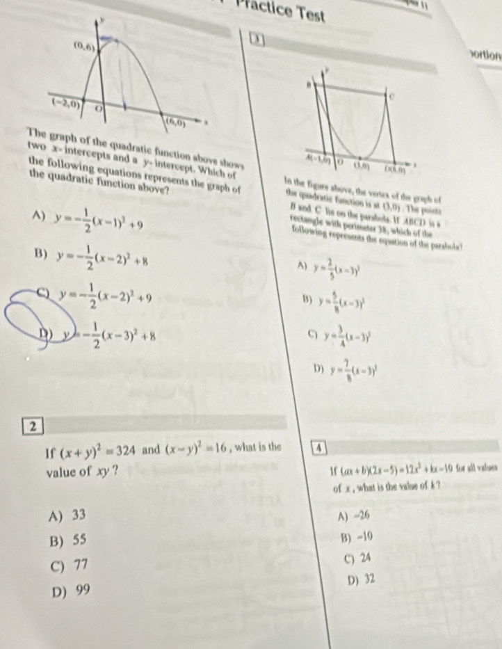 Giải quyết:Präctice Test ortion The graph of the quadratic function ...
