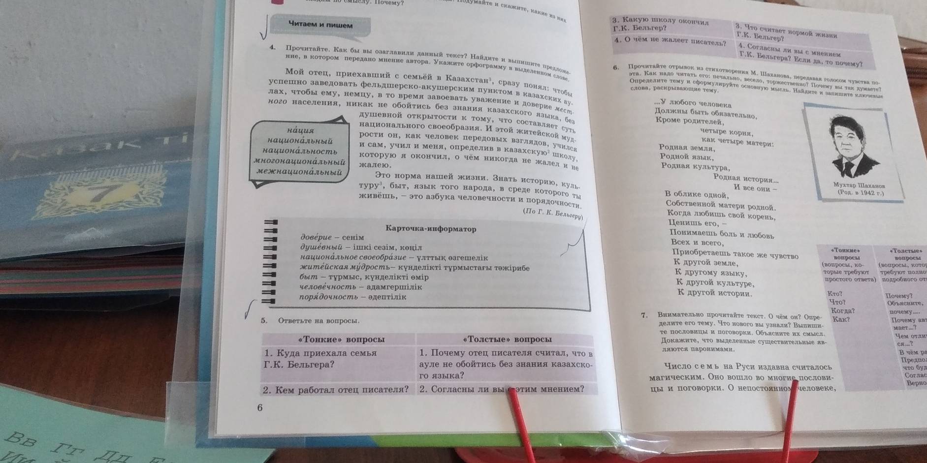 Jaymañte и скажиte, Kakие иə κhΙ 3. Какую школу окончил T.K. Beлrep?
Читаем и пишем I.K. Beæærep?
3. Ito cuntaet hoрmoй жизни
4. O uem he жалеeт писаτель? 4. Corлachы ли bы с миеnием
T.К. Бельгера? Εсли ла, то почему?
Mοй отец, приехавший с семьёй в Казахстана, сразу понялί чτобς
успешно заведовать фельдперско-акушерским пункΤом в казахских ау У лобого человека
лах, чτобы ему, немцу, в то время завоевать уважение и доверие мест Ποлжны быτь обязаτельно,
ного населения, никак не обойτись без знания казахского языка, беа Кроме родителей, четыре кория,
душевной открыΤости к тому, что составляет сутΡ  Kаκ четыре матери
HÁцUя
национального своеобразия. И эτой жκиτейской мул
рости он, как человек передовых взглядов, учился
Ρодная земля
нαциΟнάльный и сам, учили меня, определив вказахскую² школу Ρодной язык,
ΜногΟнAцUΟнάльηыιй жалею.
Κоторую я окончил, о чём никогда не жалел и не Ροдная κультура, Ρодная история...
МежнацUонάльный Θто норма нашей жизниδ знаτь историю, куль 
все они -
B облике одной, 
туру, быт, язык того народа, всреде которого  ỉ  Coбственной матери родной
живешь, - это азбука человечности и порядочности  Κοгла люобишь свой корень,
(Πо Г. К. Бельεеру)
Πенишь егo, −
Πонимаешь боль и люобовв
Κарτοчκа-информаτор Bceх и всero,
Θοвέрие - сенім
ушέвный - ішкі сезім, коніл вопросы *Tonetme»
«Tonkиe»
риобретаешь τакое же чувсτво
национάльное своеобрάзие - улτΤы θзгешелік К другой земле,
житέйскαя мудрость- κунделіκτі турмыстаΡы тэжίрибе (воцросы, ко- τорые τребуιт τребуιοτ ποлно (βοпросы,κοτо
К другому языку,
быт - турмыс, κунделίκτі θмір просtoгο оτвеτа) полрοбнοго οf
Κ другοй κультуре
человечность - адамгериілік Κ другой исτории,
Kτo?
ηоряδοчность-θдеπτίлк
पro? Teastchurre,
Koгда? novemy ....
7. Внимательно прочиτайτе текст. О чем он? Опре Kak? Πoчeмy an
делите его тему. Что нового вы узнали? Выииши
MaeT ...?
5. Oтветьте на вопросы. тτе пословицы и поговорки, Объясните их смысл。
Hem οtлн
«Тонкие» вопросы «Толстые» вопросы Докажиτе, что выделенные сушествительиые яв-
1. Куда приехала семья 1. Почему отец писателя считал, что в ляΙтСя пароΗиΜами。
B  yêm p
Πpeano
Γ.К. Бельгера? aуле не οбοйτись без знания казахско- Ἀисло семь на Руси издавна считалосн 4ro 6y
гO языка? mагическим. Оно вошло во многие послови. Coглаc
Вернс
2. Кем работал отец писателя? 2. Coглachы ли вы cэтим мнением? цы и поговорки. Онепостояннол челоbеkе,
6