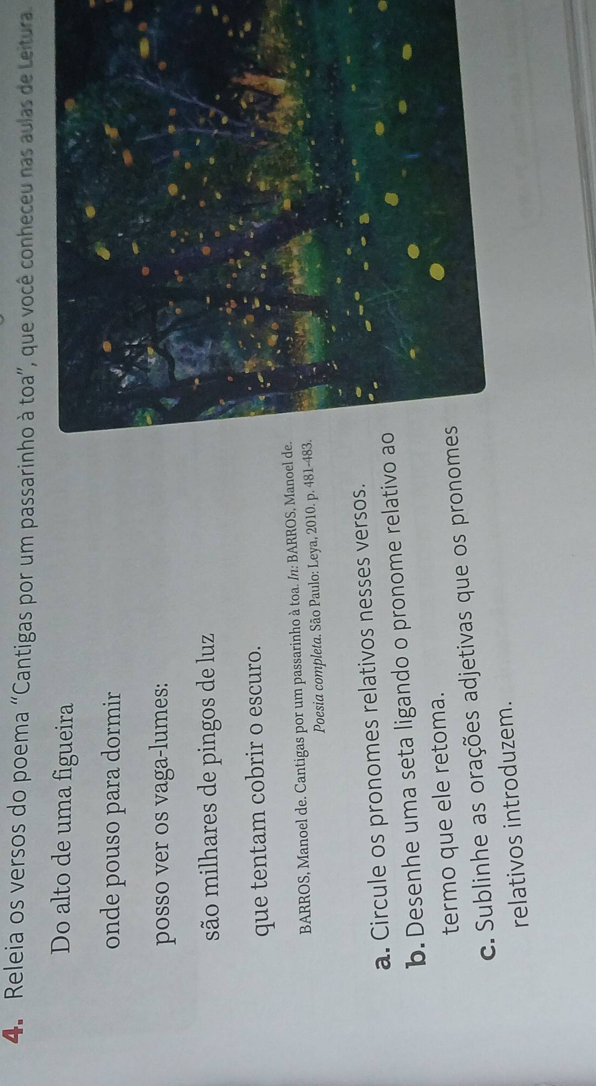 Releia os versos do poema “Cantigas por um passarinho à toa”, que você conheceu nas aulas de Leitura. 
Do alto de uma figueira 
onde pouso para dormir 
posso ver os vaga-lumes: 
são milhares de pingos de luz 
que tentam cobrir o escuro. 
BARROS, Manoel de. Cantigas por um passarinho à toa. : BARROS, Manoel de 
Poesia completa. São Paulo: Leya, 2010. p. 481-483 
a. Circule os pronomes relativos nesses versos. 
b. Desenhe uma seta ligando o pronome relativo a 
termo que ele retoma. 
c. Sublinhe as orações adjetivas que os pronome 
relativos introduzem.