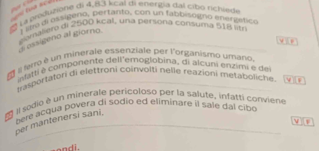 perclo 
t c 
* La produzione di 4,83 kcal di energía dal cibo richiede
1 lito di ossígeno, pertanto, con un fabbisogno energético 
giamaliero di 2500 kcal, una persona consuma 618 litri
di ossigeno al giorno. 
Il ferro è un minerale essenziale per l'organismo umano, 
infatti è componente dell'emoglobina, di alcuni enzimi e dei 
trasportatori dì elettroni coinvolti nelle reazioni metaboliche. a V F 
II sodio è un minerale pericoloso per la salute, infatti conviene 
bere acqua povera di sodio ed elíminare il sale dal cibo 
per mantenersi sani. 
V F 
o n di.