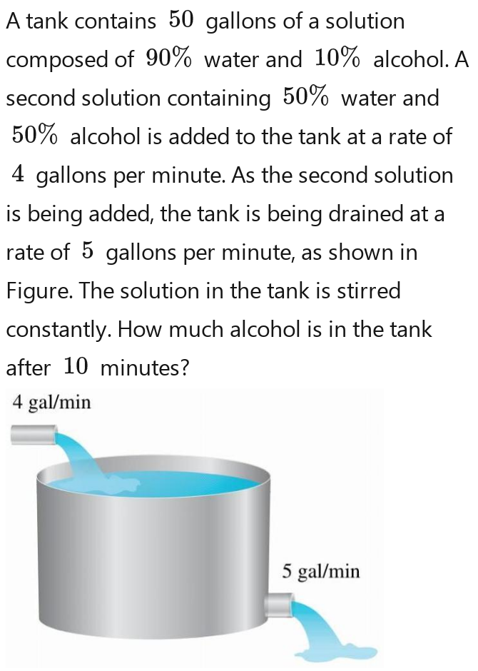 Solved: A tank contains 50 gallons of a solution composed of 90% water ...