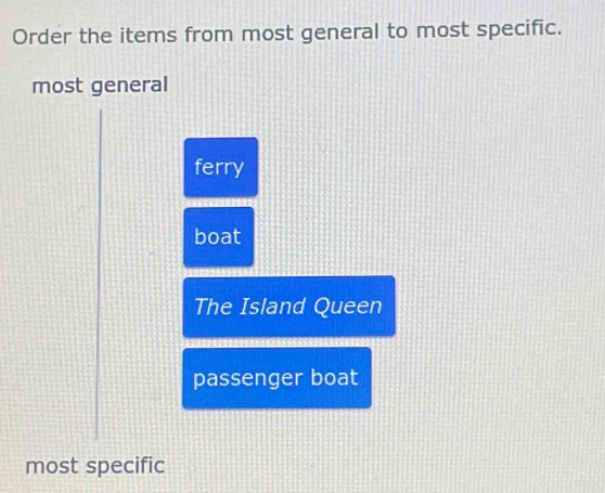 Order the items from most general to most specific.
most general
ferry
boat
The Island Queen
passenger boat
most specific