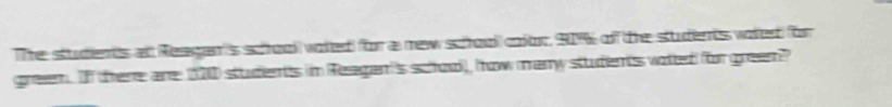 The students at Reagan's schhool wolled for a new schhool colon, 91% of the students voed for 
greem. If there are 200 students in Reagan's school, how many students wotted for greem?