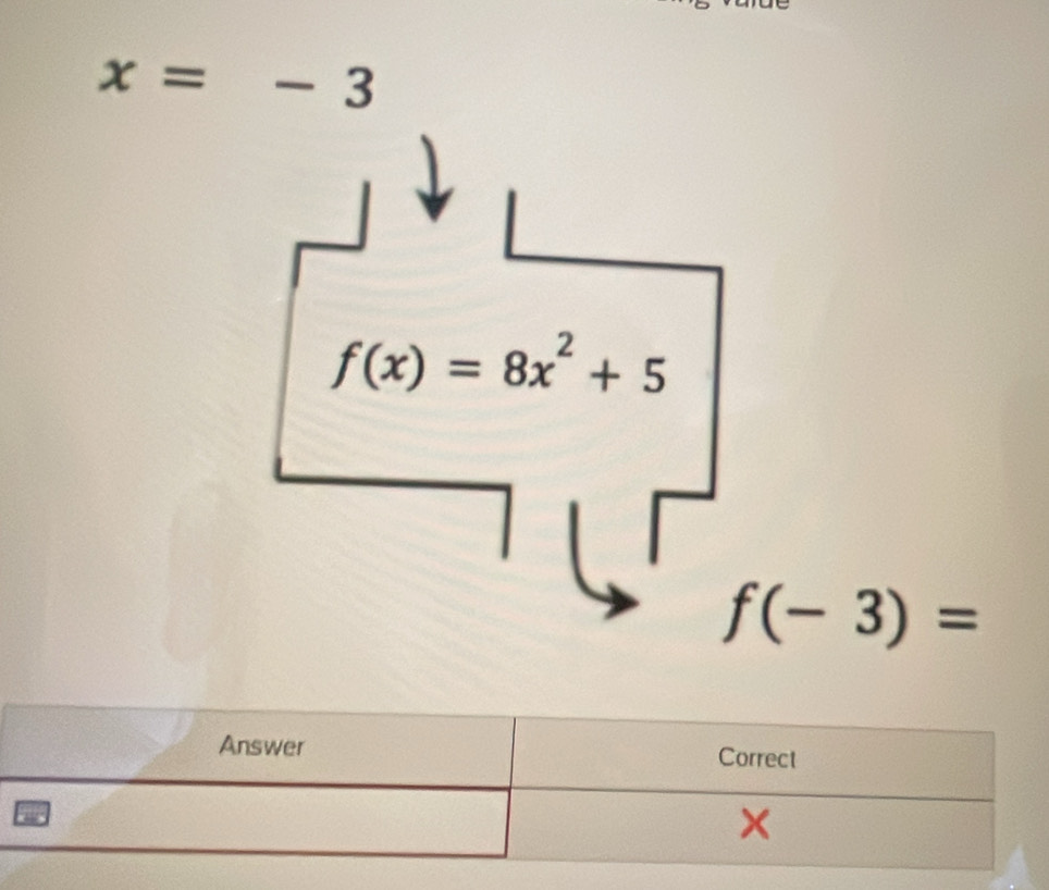 x=-3
f(x)=8x^2+5
f(-3)=