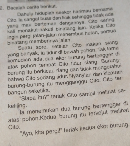 Bacalah cerita berikut. 
Dahulu hiduplah seekor harimau bernama 
Cito. Ia sangat buas dan licik sehingga tidak ada 
yang mau berteman dengannya. Cito sering 
kali menakut-nakuti binatang lain. Ketika Cito 
ingin pergi jalan-jalan menembus hutan, semua 
binatang memberinya jalan. 
Suatu sore, setelah Cito makan siang 
yang banyak, ia tidur di bawah pohon. Tak lama 
kemudian ada dua ekor burung bertengger di 
atas pohon tempat Cito tidur siang. Burung- 
burung itu berkicau riang dan tidak mengetahui 
bahwa Cito sedang tidur. Nyanyian dan kicauan 
burung-burung itu mengganggu Cito. Cito ter- 
bangun seketika. 
"Siapa itu?" teriak Cito sambil melihat se- 
keliling. 
la menemukan dua burung bertengger di 
atas pohon.Kedua burung itu terkejut melihat 
Cito. 
"Ayo, kita pergi!" teriak kedua ekor burung.