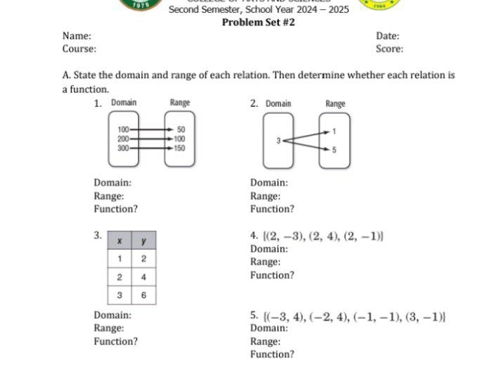 1970 Second Semester, School Year 2024-2 025 
Problem Set #2 
Name: Date: 
Course: Score: 
A. State the domain and range of each relation. Then determine whether each relation is 
a function. 
1. Domain 
Domain: Domain: 
Range: Range: 
Function? Function? 
3. 
4. [(2,-3),(2,4),(2,-1)]
Domain: 
Range: 
Function? 
Domain: 5.  (-3,4),(-2,4),(-1,-1),(3,-1)
Range: Domain: 
Function? Range: 
Function?